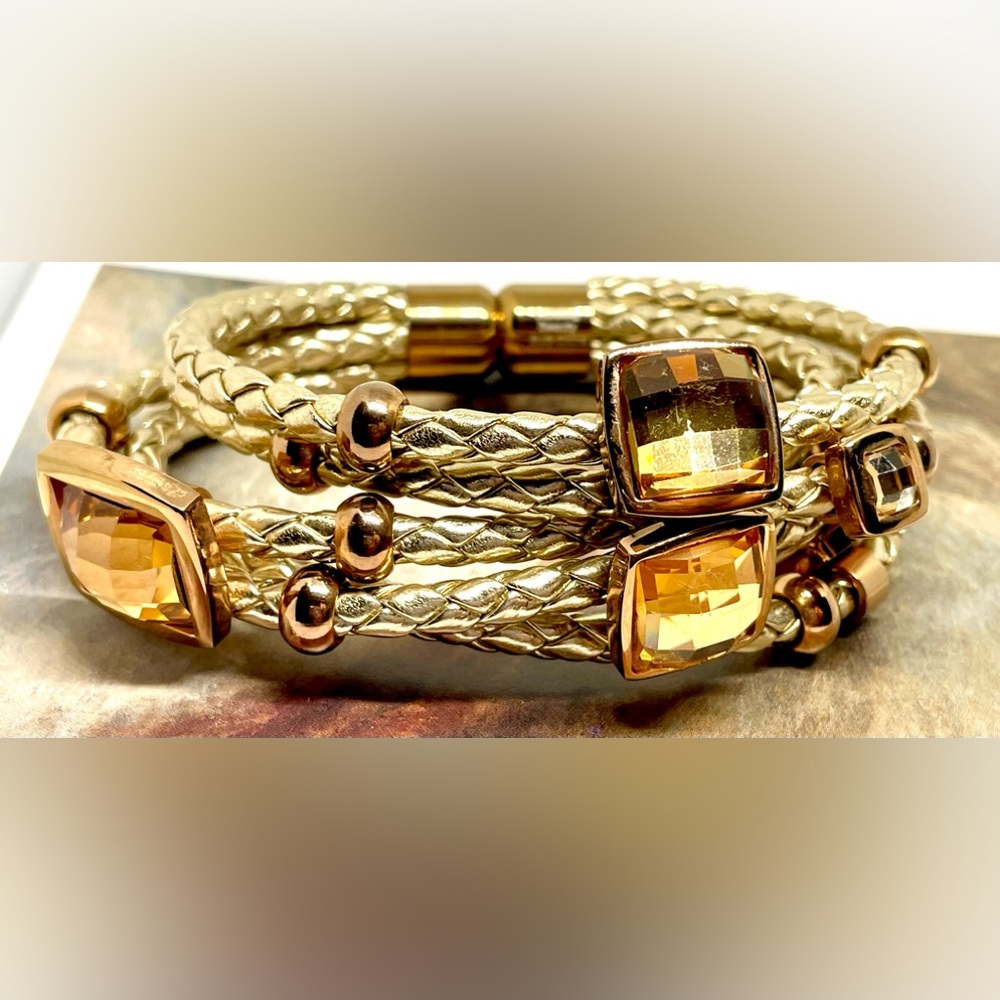 Citrine Rose Gold Crystal Leather Rope Multi Strand Magnetic Clasp Cuff Bracelet
